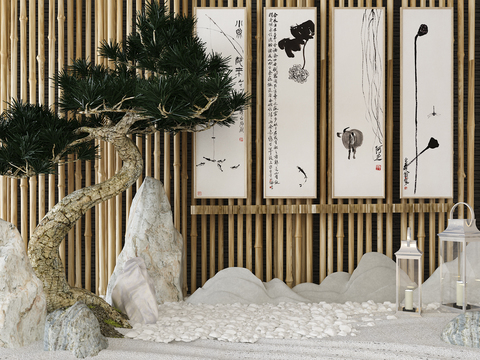  新中式假山松树景观小品3d模型 