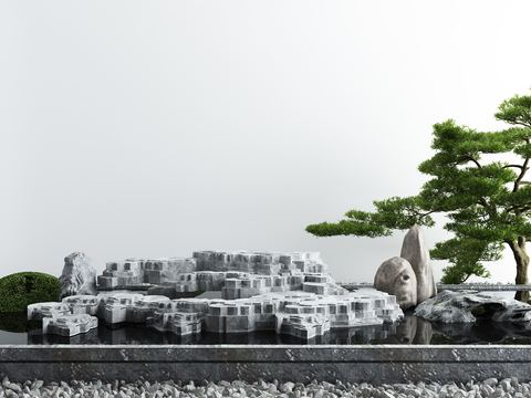  新中式松树山石水景小品3d模型 