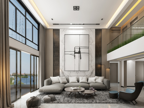  现代简约别墅客厅餐厅3d模型 