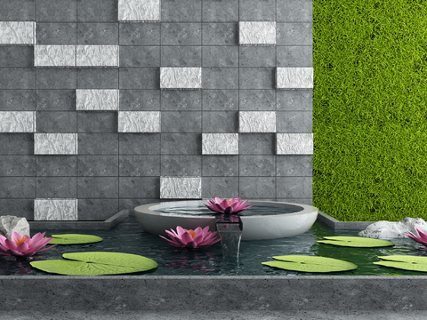  新中式莲花水池景观小品3d模型 