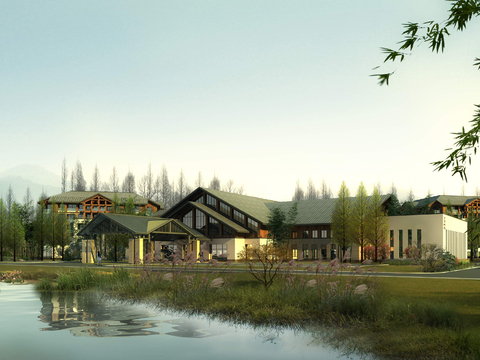  中式湿地园林建筑外观景观psd 