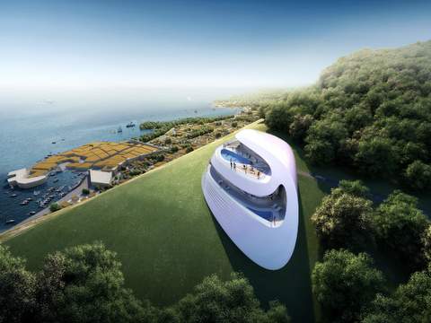  现代异形游泳馆外观鸟瞰psd 