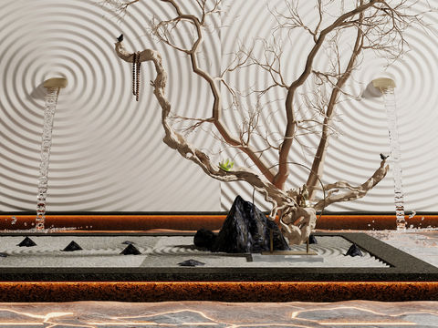  新中式波浪墙水池枯山水景观小品3d模型 