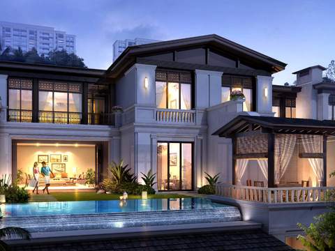  新中式别墅泳池psd 