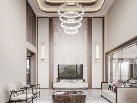  新中式复式别墅客厅3d模型 