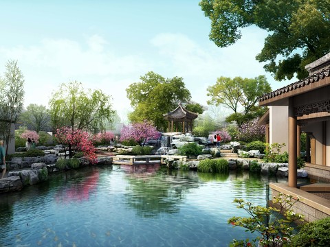  中式湿地公园园林景观psd 