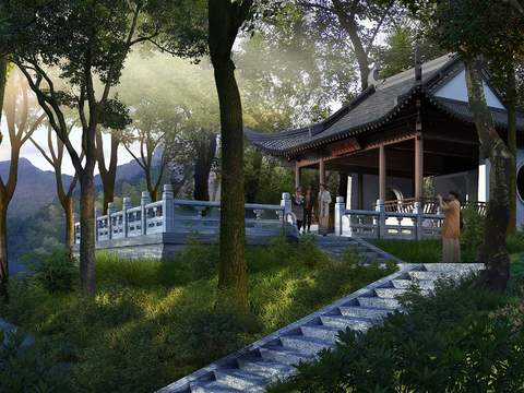  新中式山间园林景观psd 