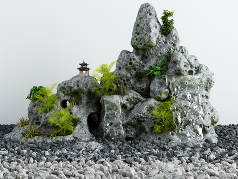  新中式景观小品流水石3d模型 