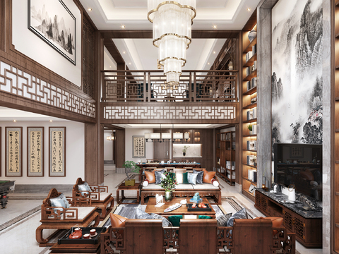  新中式轻奢别墅大堂3d模型 