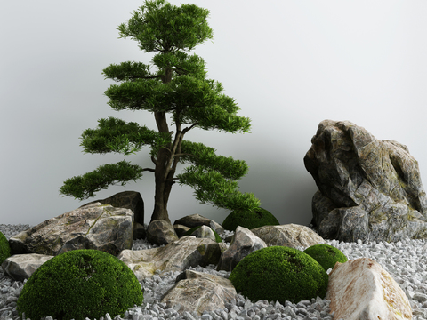  新中式石头松树景观小品3d模型 
