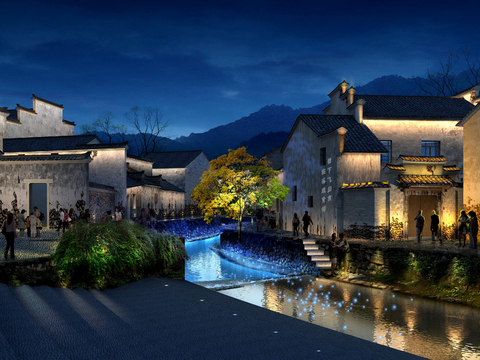  新中式河道道路桥梁夜景psd 