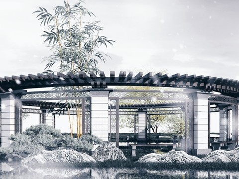  新中式圆形回廊廊架3d模型 