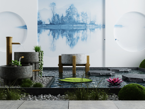  新中式竹流水景观小品3d模型 