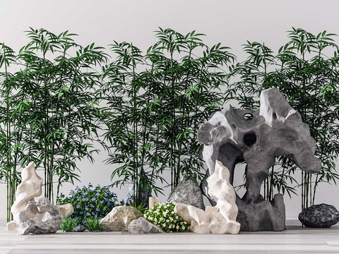  新中式假山植物景观小品3d模型 