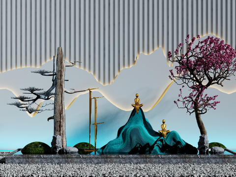  新中式假山枯树景观小品3d模型 