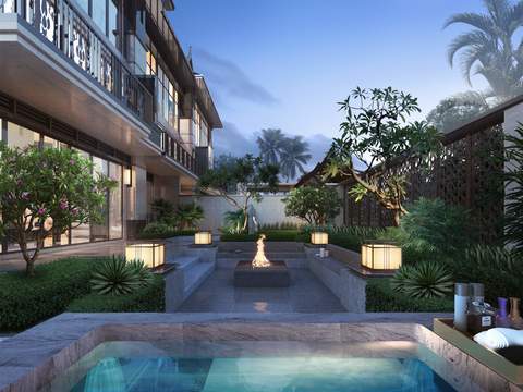  新中式别墅庭院花园景观psd 