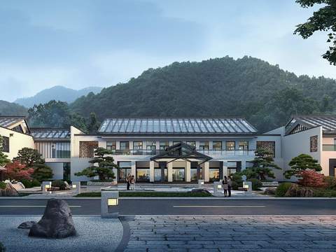  新中式园林外观景观psd 