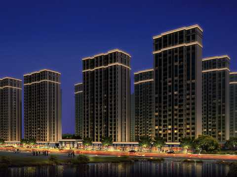  现代住宅楼外观夜景psd 