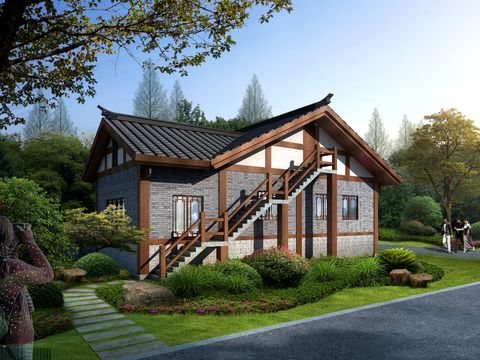  中式别墅外观psd 