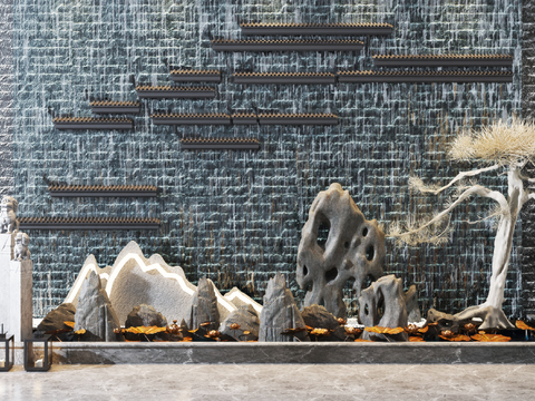  新中式流水水景园艺小品3d模型 