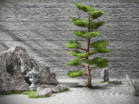  新中式假山松树景观小品3d模型 