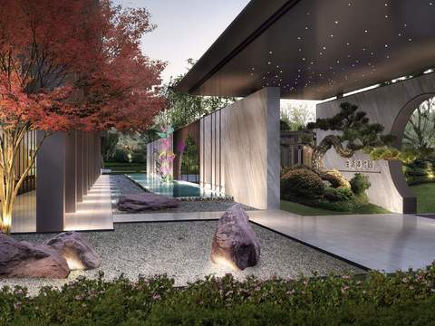  新中式庭院景观psd 