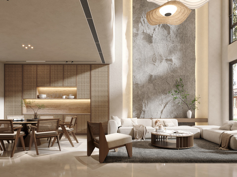  侘寂挑空别墅客厅餐厅3d模型 