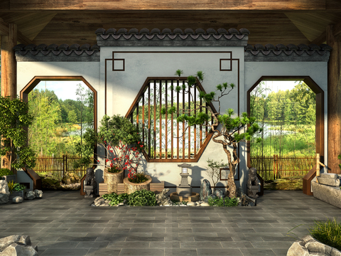  中式庭院景观3d模型 