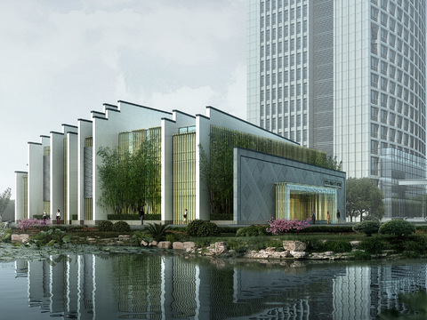  新中式会所外观psd 