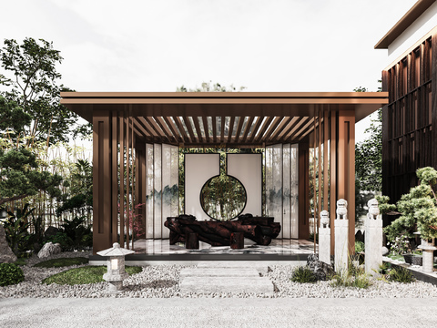  新中式售楼处外观园林3d模型 