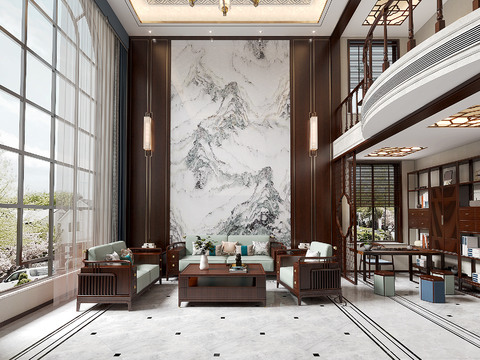  新中式别墅 客餐厅3d模型 