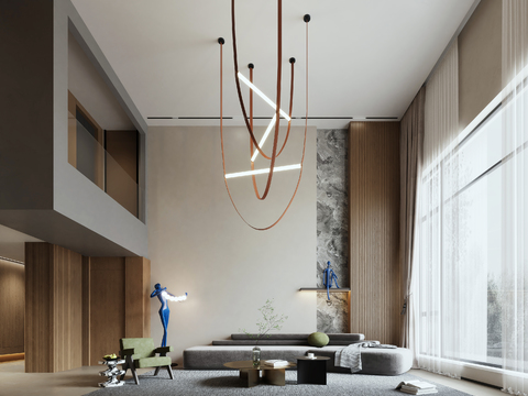  现代挑空别墅客餐厅3d模型 