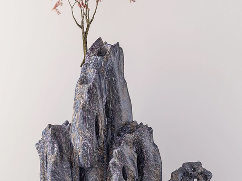  新中式假山枫树3d模型 