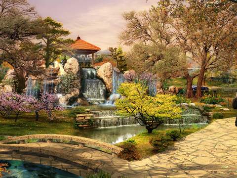  现代公园假山石流水psd 