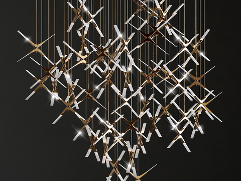  现代几何金属玻璃吊灯3d模型下载 豪华大堂水晶灯饰设计 