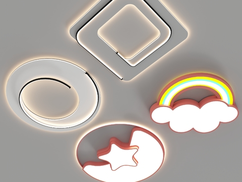  现代简约儿童房吸顶灯3d模型下载 创意卡通云朵星星彩虹造型灯具 