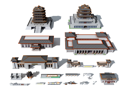  古建塔楼 景墙大门3d模型 