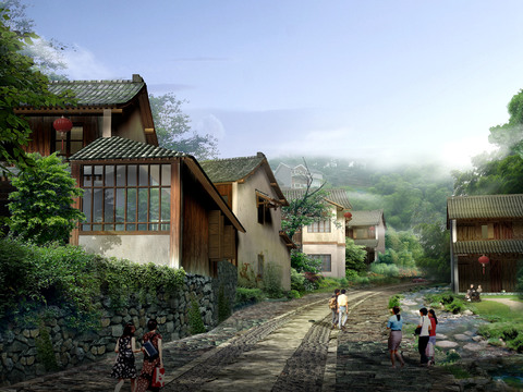  新中式旅游古城景观psd 