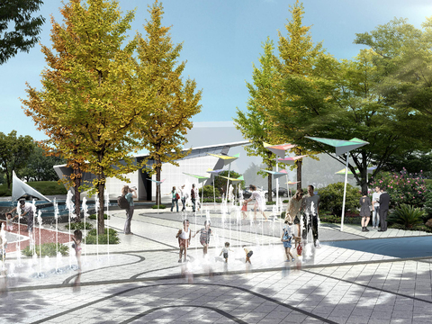  现代公园喷水泉外观psd 