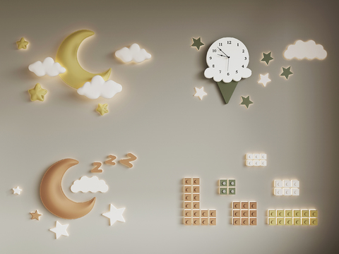  儿童房壁灯3d模型下载 夜空月亮星星云朵装饰 积木时钟创意设计 