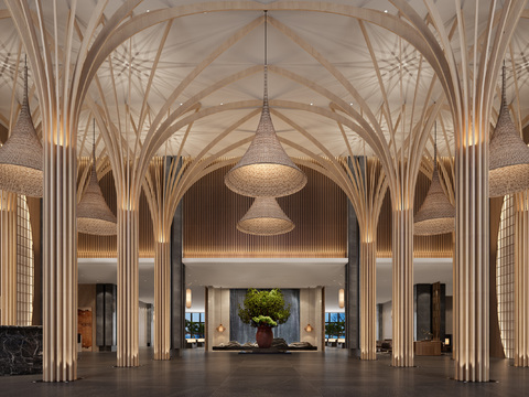  新中式酒店前台大厅3d模型 