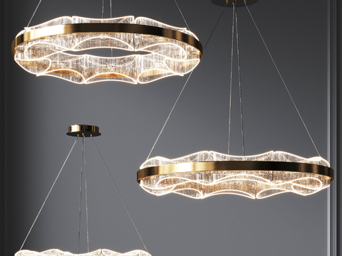  现代奢华水晶圆环吊灯3d模型下载 客厅餐厅装饰灯具 金属波浪设计吊顶灯 