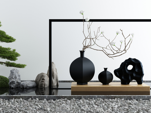  新中式松树水景小品3d模型 