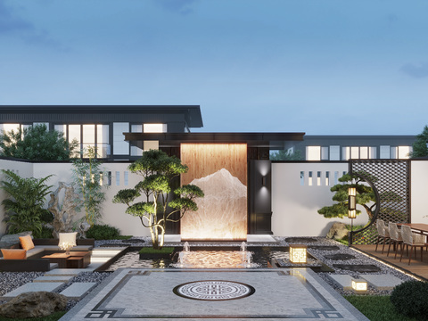  新中式别墅庭院夜景3d模型 