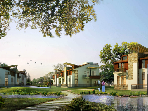  现代独栋别墅外观psd 