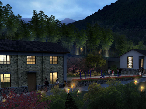  新中式别墅外观夜景psd 