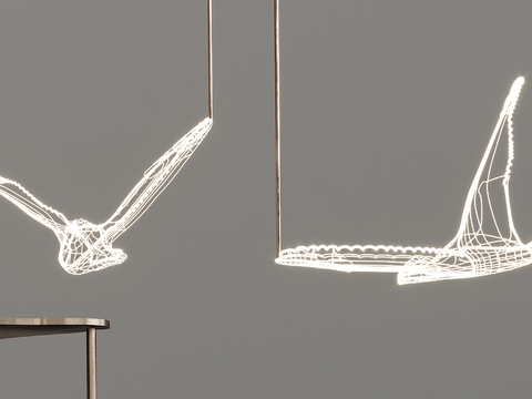  现代金属鸟造型吊灯3d模型下载 艺术照明设计 线框结构飞机元素 