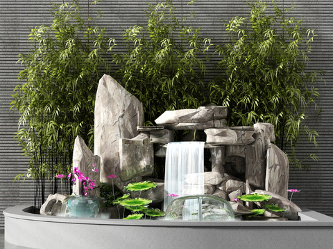  新中式假山流水景观小品3d模型 