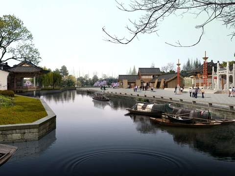  新中式古镇广场景观psd 