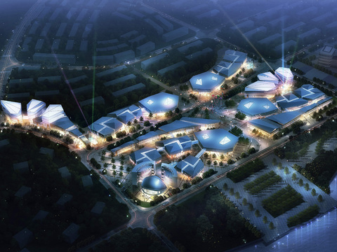  现代商业中心鸟瞰夜景psd 